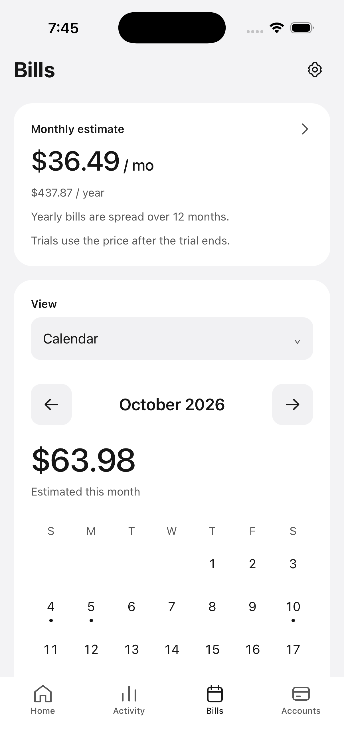 Loaf's bills calendar showing renewals and monthly and yearly estimates with fictional sample data.