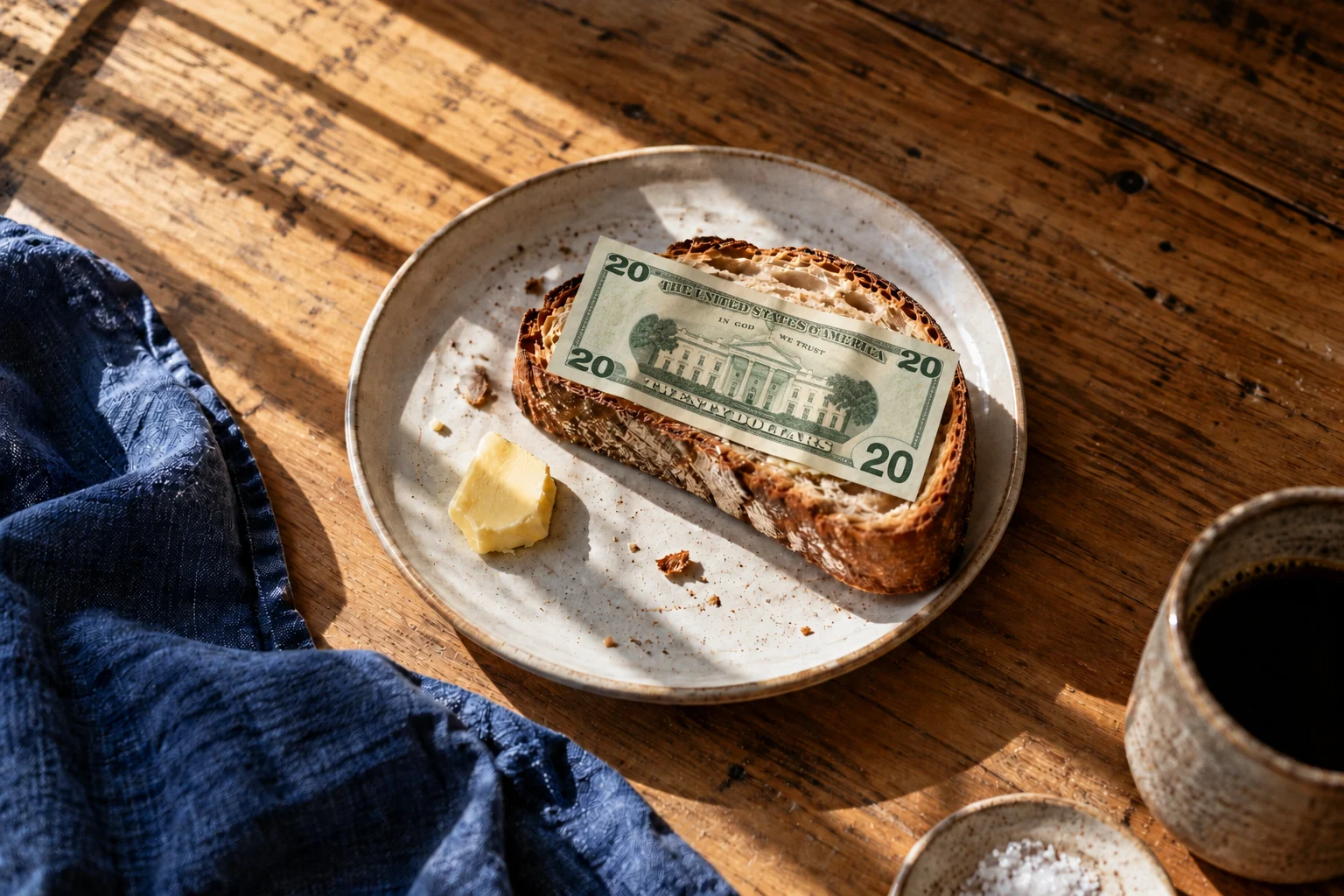 A dollar bill resting on sourdough, with butter on the plate beside a cup of coffee.